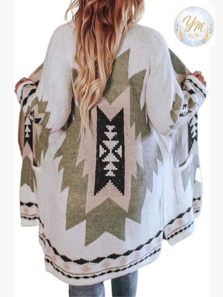 Vintage Tribal Knitted Cardigan Sweater With Pockets